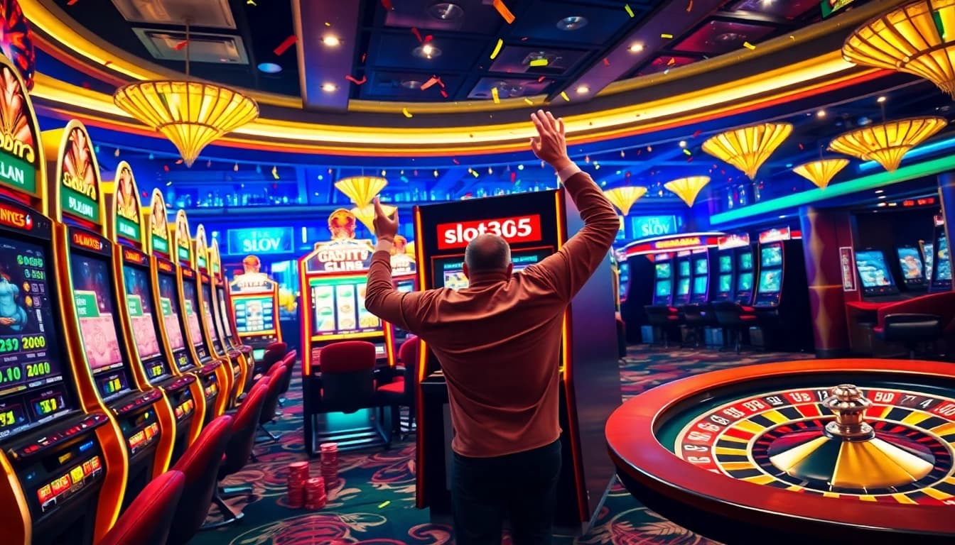 Celebrate a win at slot365's luxurious casino with vibrant slot machines and festive decor.