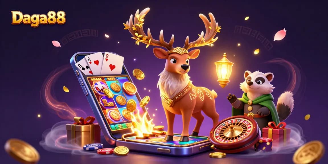 Daga88 features a magical druid with a smartphone while celebrating big wins with golden coins