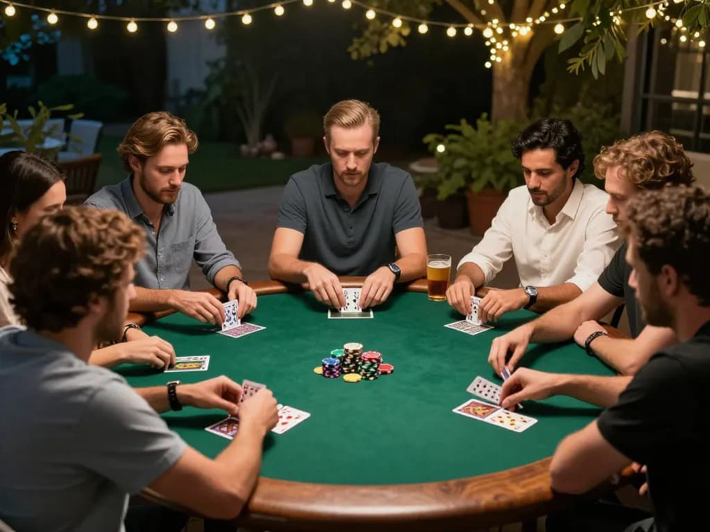 79kingz players strategizing in a friendly outdoor poker game, focusing on cards and chips under ambient lights