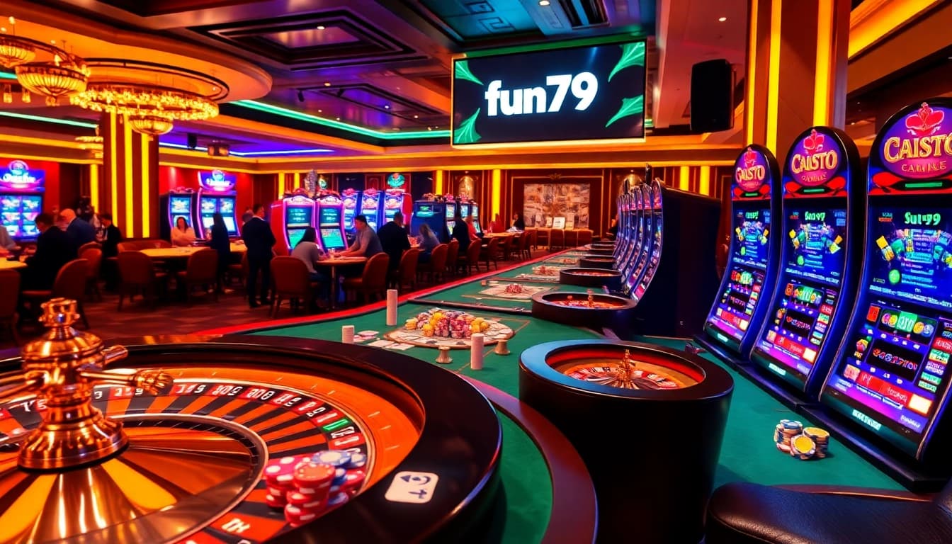 Fun79 players engaging at a vibrant casino table with cards and chips.