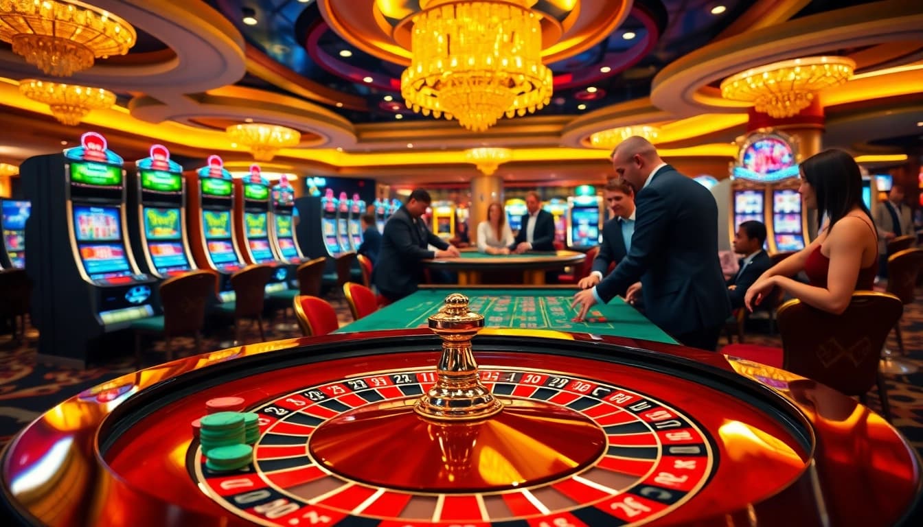 Action-packed casino experience highlighting the Sc88 link, with gamblers engaging at roulette and blackjack tables.