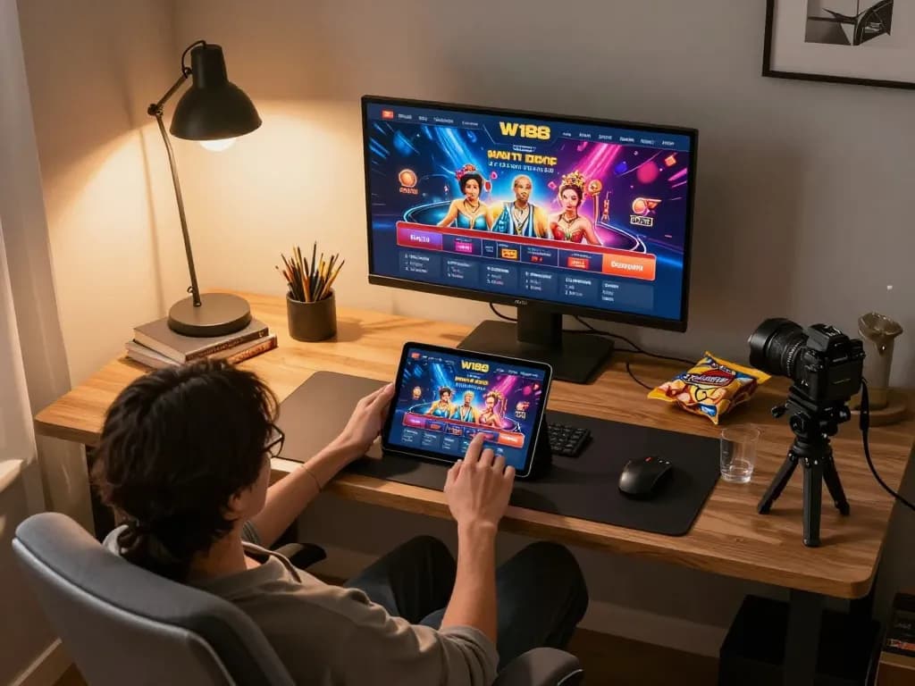 Using the W188 com app on a tablet at home, showcasing a modern gaming environment.