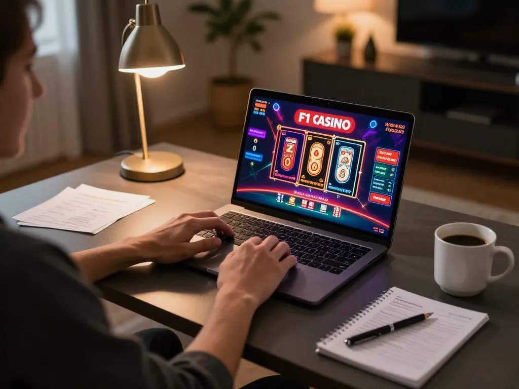 Online-Spiel zu Hause mit f1 Casino anmelden, angezeigt auf dem Laptop.