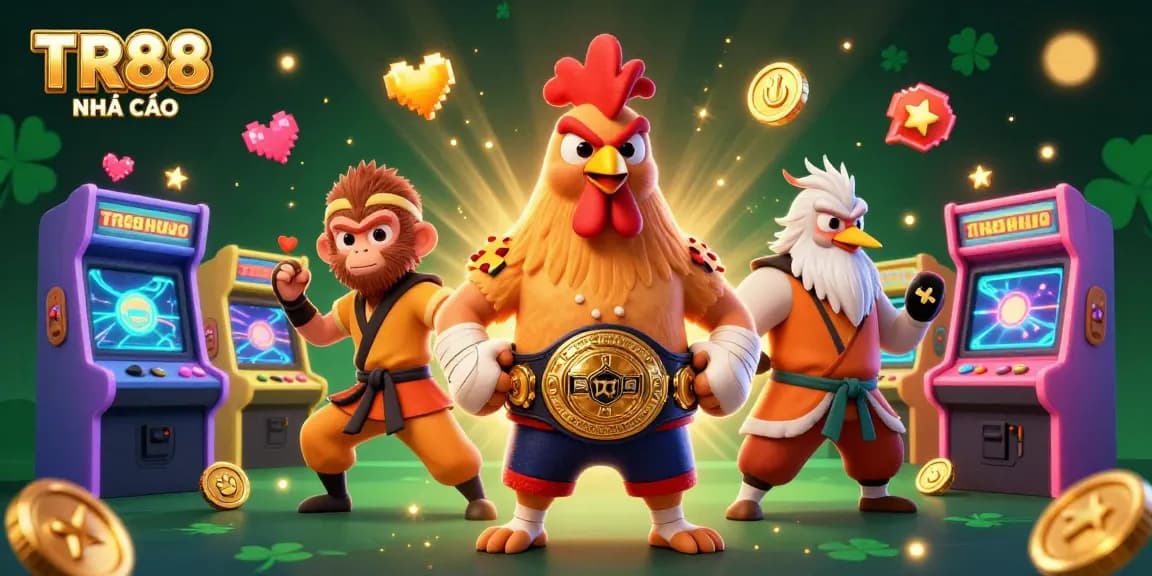 TR88 NHÀ CÁI showcases a lively scene featuring a Muay Thai rooster and Shaolin monkey by a vibrant game setup.