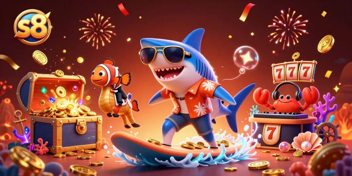 Experience thrilling gameplay action at S8 as the shark surfs through a jackpot of gold coins.