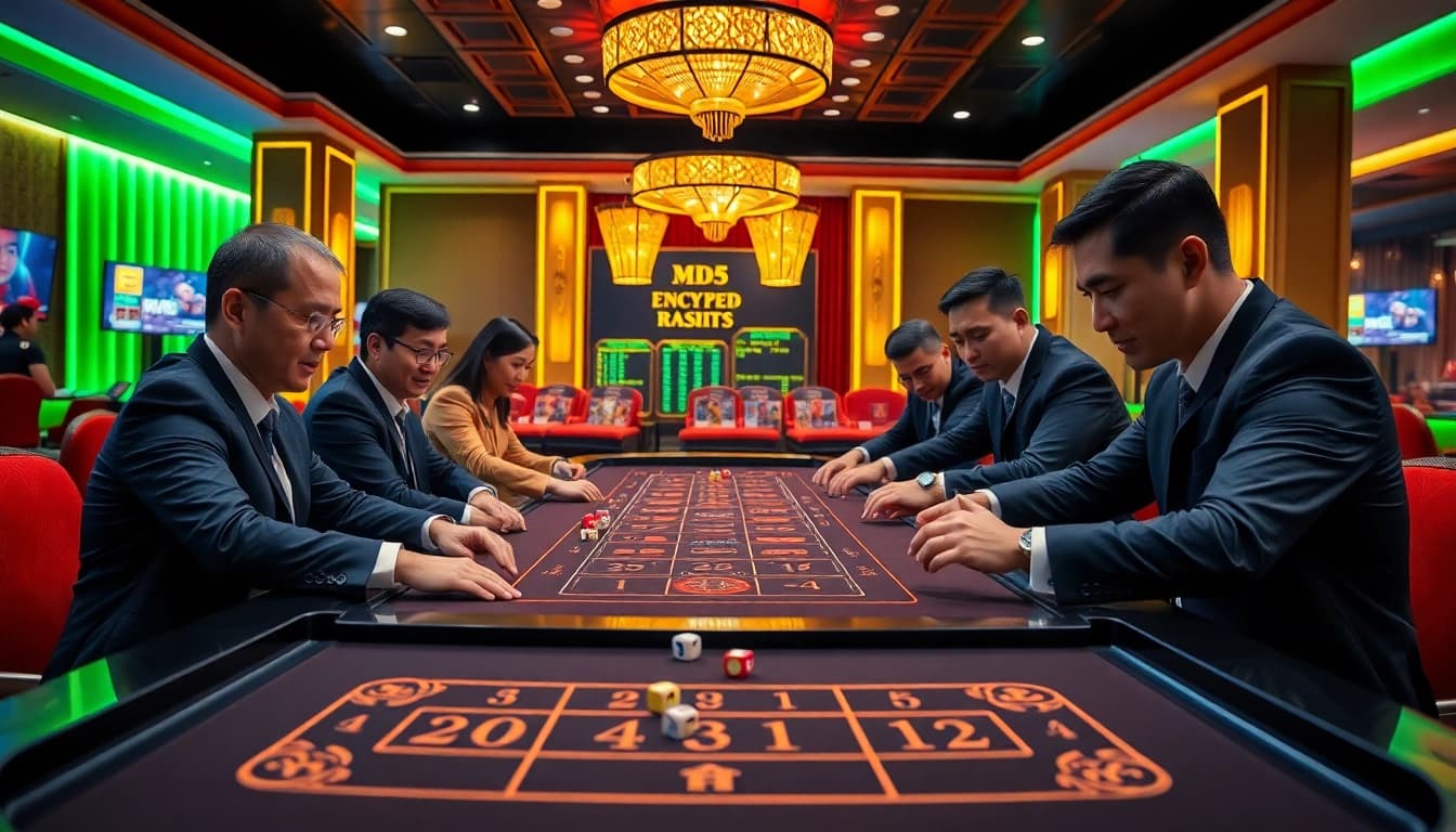 Tài xỉu MD5 gaming table with players placing bets, showcasing excitement in a casino.