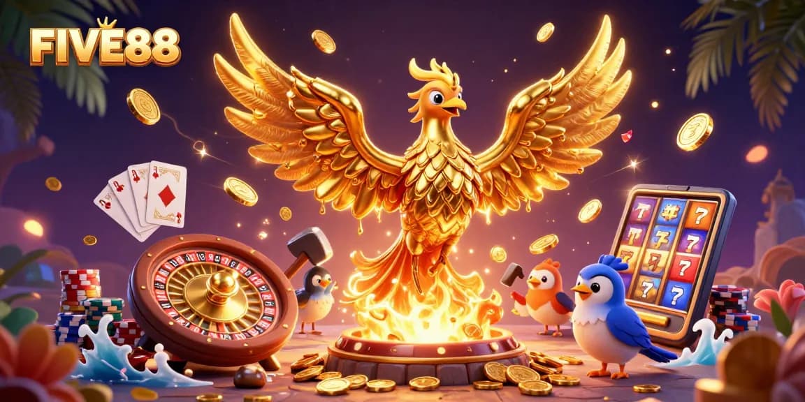 Experience the excitement of FIVE88 with a golden phoenix emerging amidst cascading coins and dynamic casino elements.