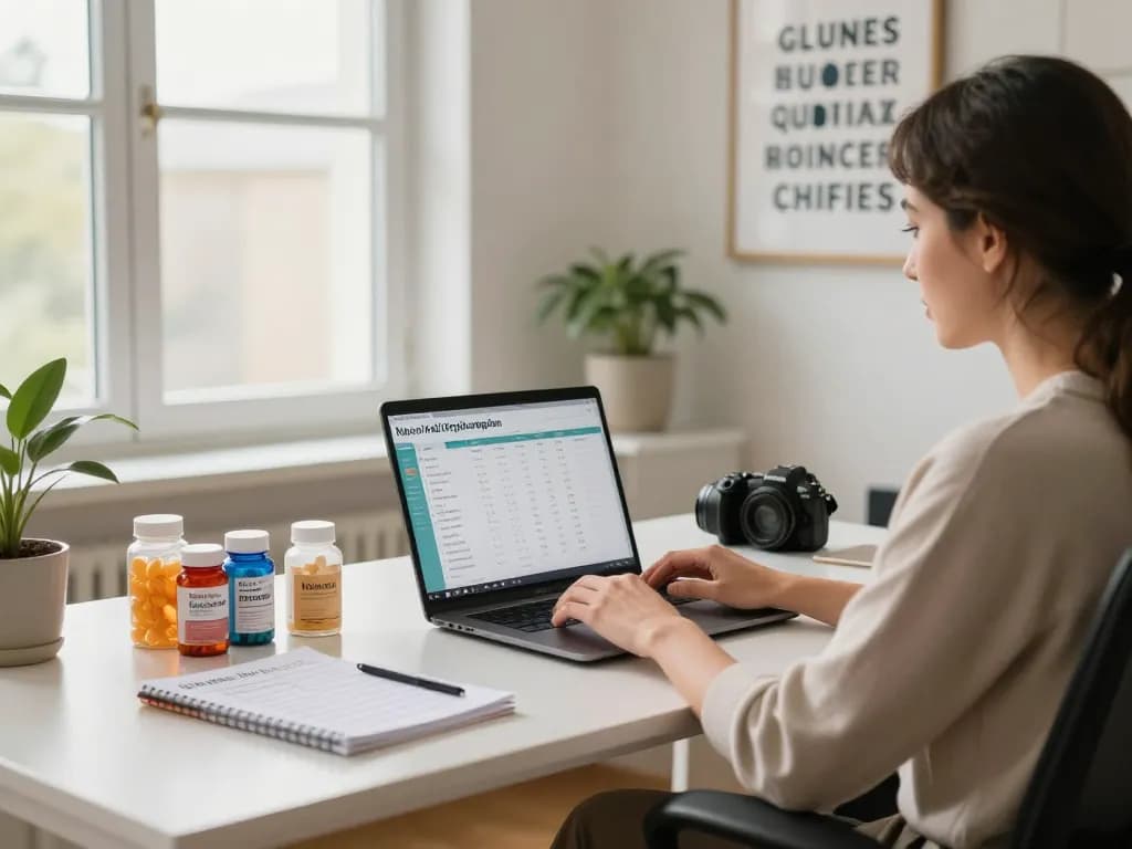 Natura Vitalis Vergütungsplan Übersicht in einem professionellen Homeoffice-Umfeld, mit Gesundheitspräparaten und motivierender Dekoration.
