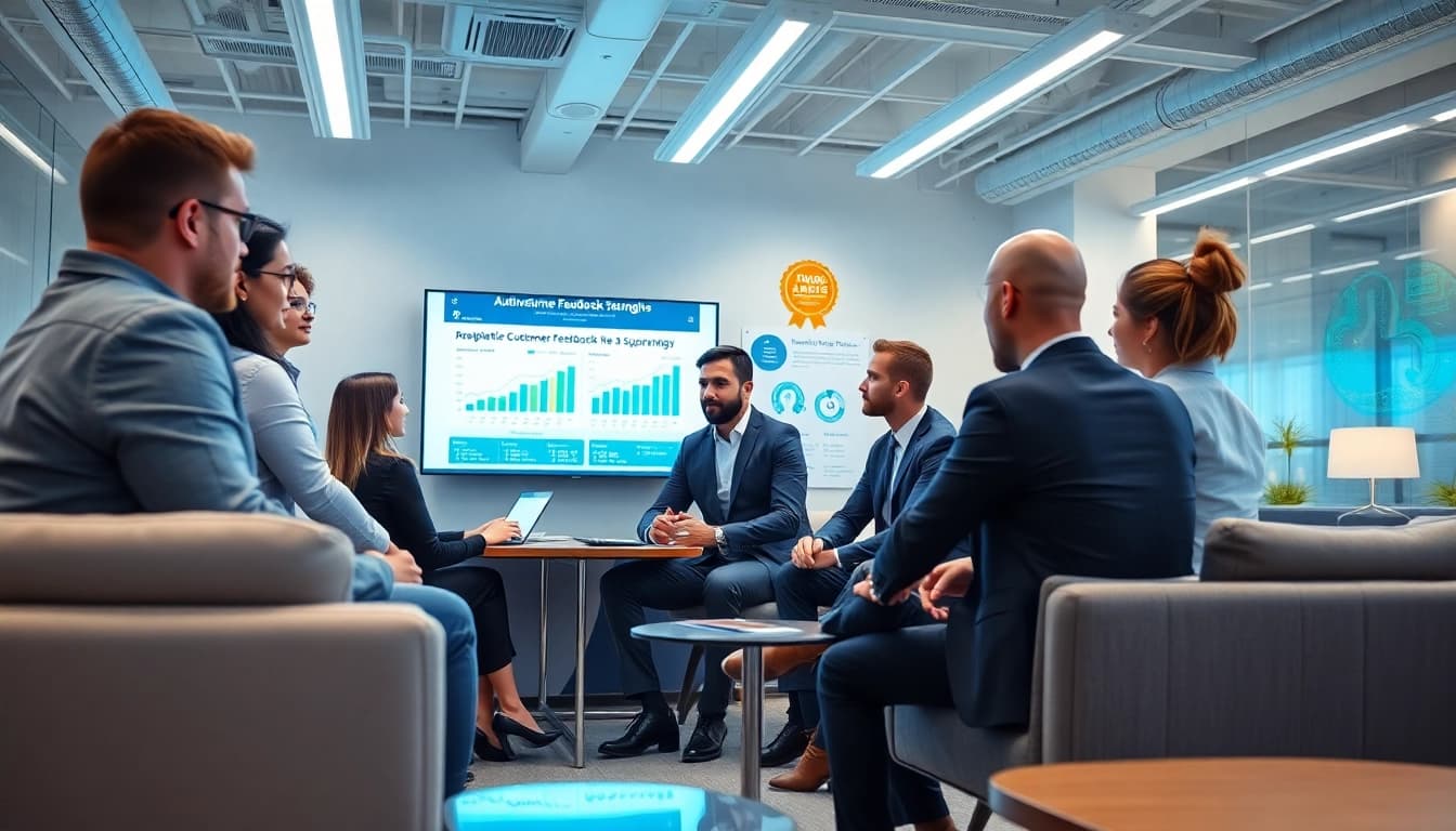 Fachleute diskutieren bxwy-Kundenfeedback-Strategien in einem modernen Büro