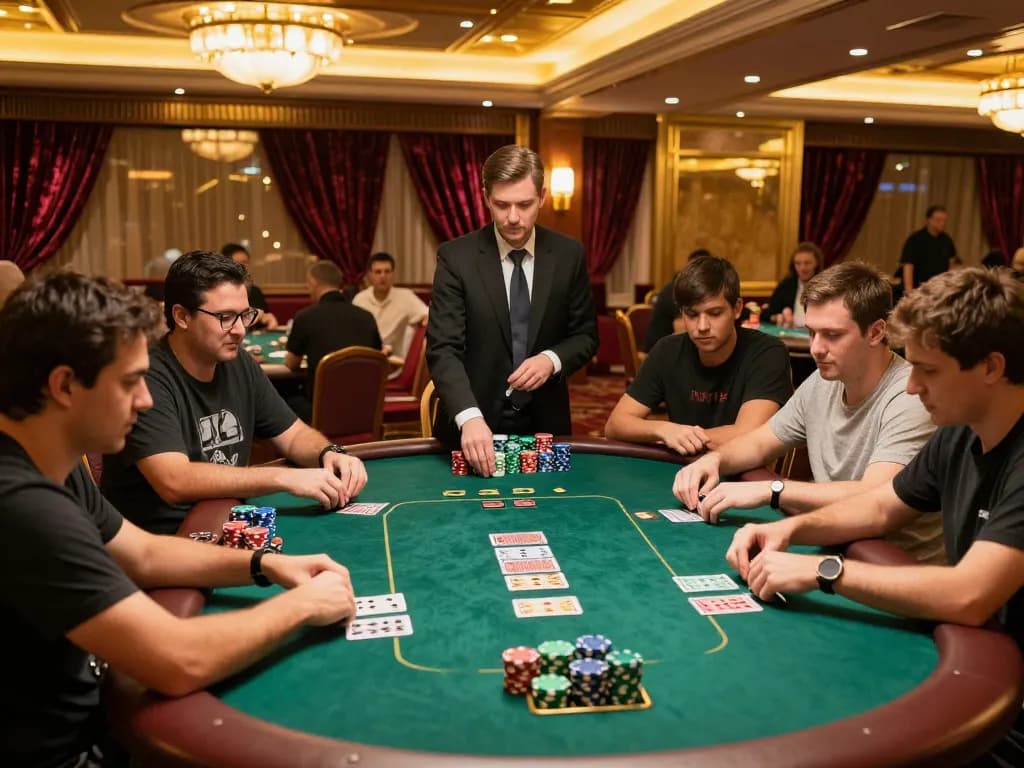 Engaging scene at a poker table illustrating strategic play with Staubbindematte für Reinräume dauerhaft features capturing a luxurious casino environment.