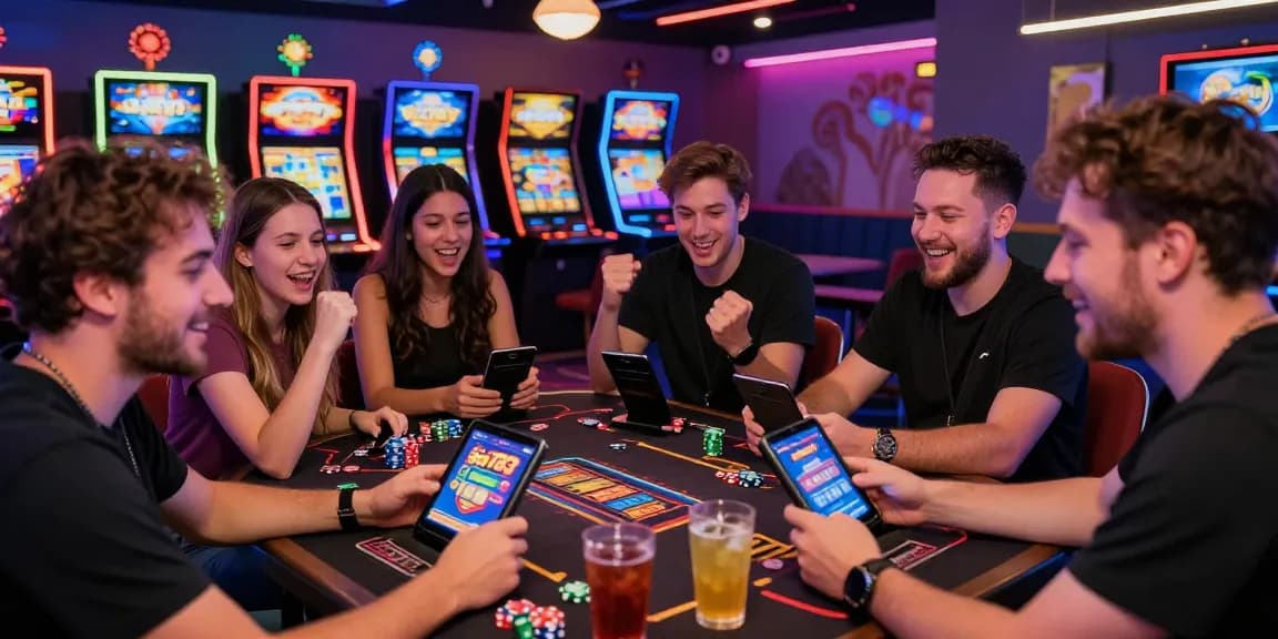 Keberhasilan bermain Slot783 yang menggembirakan dengan teman-teman di ruang permainan modern, suasana penuh semangat dan tawa.