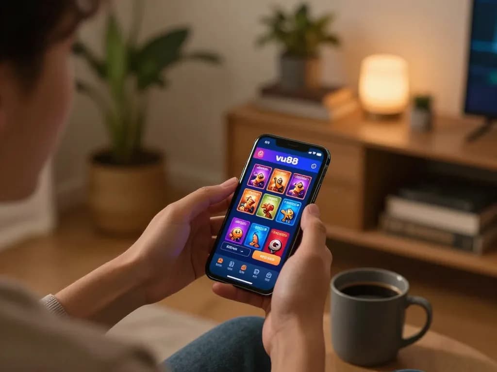 Engaging with the vu88 com casino app on smartphone, showcasing online gaming ambiance at home.
