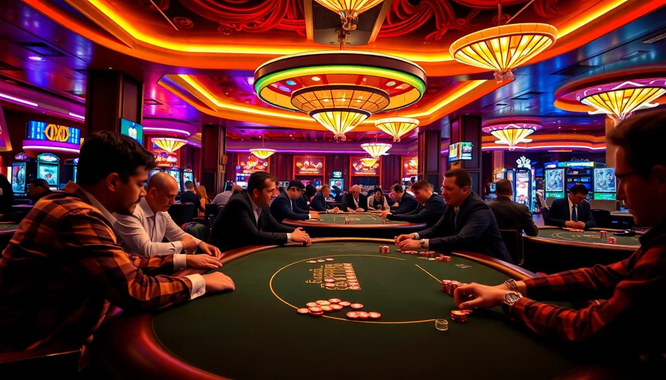 Erleben Sie das aufregende Golisimo Germany Casino-Umfeld mit lebhaften Spielern und Pokertischen.