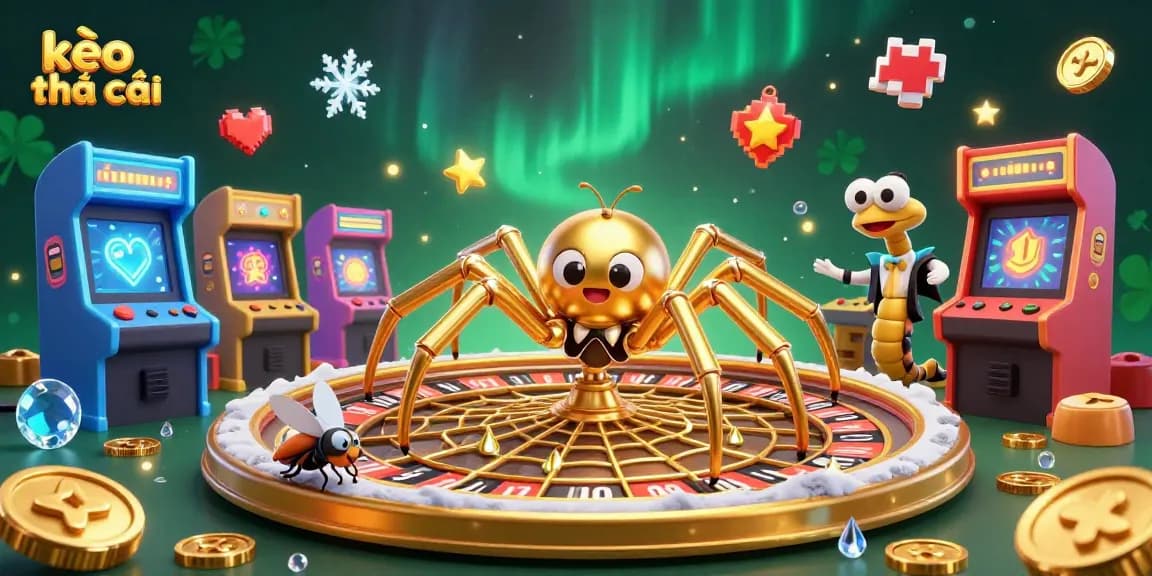 Watch a fly nervously bet at the edge of a roulette wheel spun by a golden spider, showcasing unique kèo nhà cái.