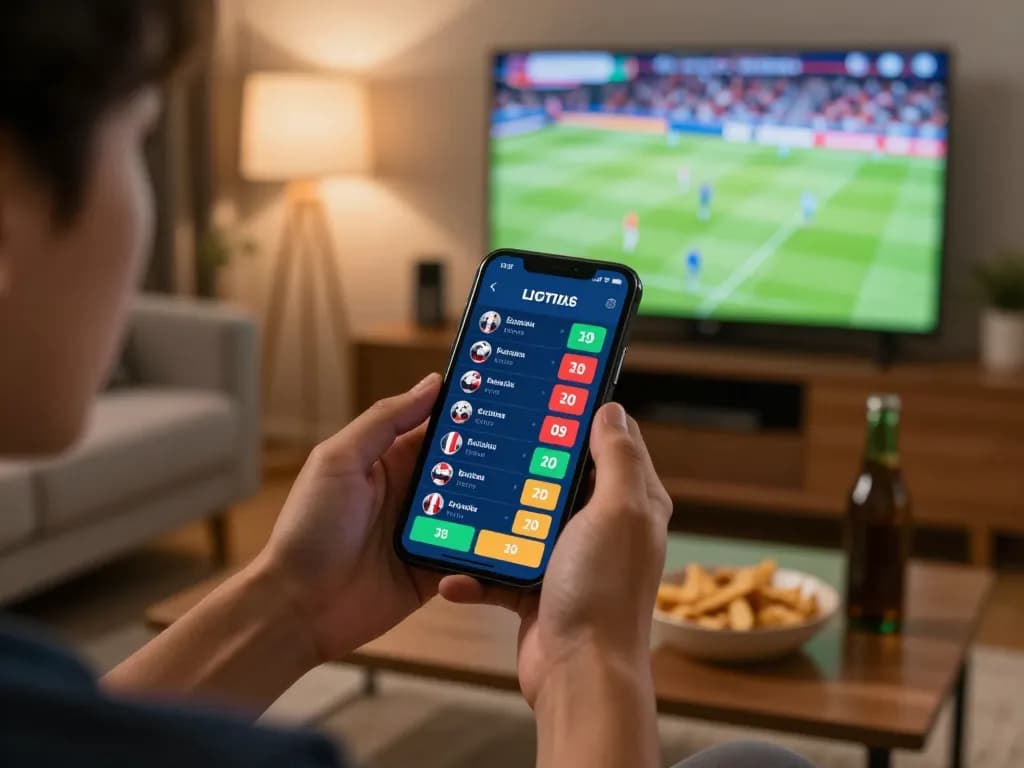 Engaging with a mobile app forแทงบอล while watching a soccer match at home.