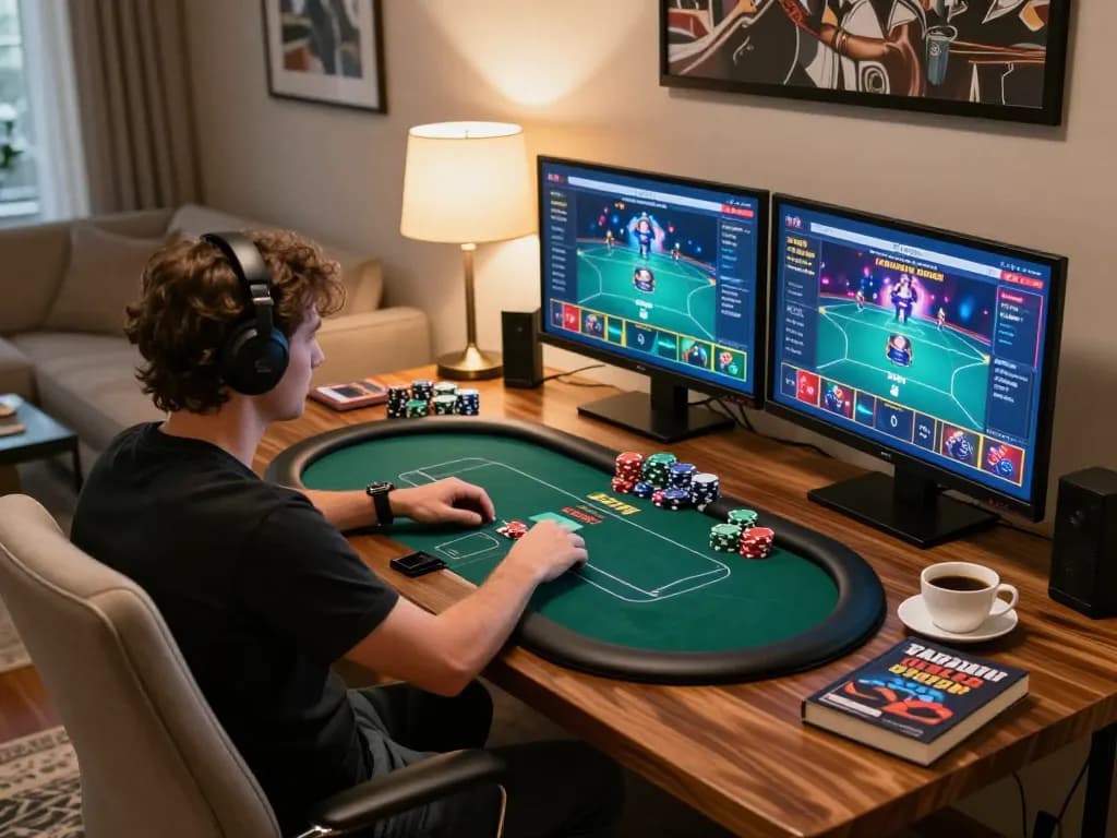 Play poker online with FLY88 from a cozy home gaming setup, showcasing vibrant gameplay.