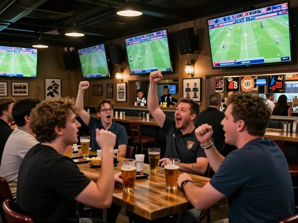 Fans cheering at 78win sports bar while placing bets on live matches
