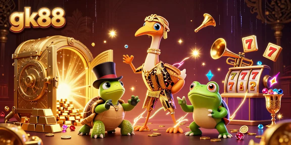 Engage with gk88's thrilling casino adventures featuring vibrant characters and slot machines.