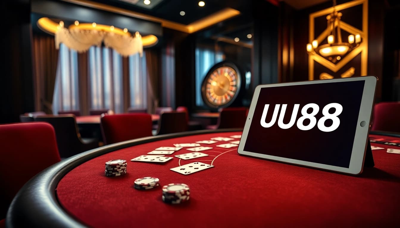 Experience the thrill of UU88 online gambling with luxury casino visuals including poker chips and elegant tables.
