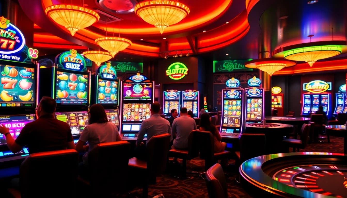 Engaging players enjoying the vibrant Slot777 slot machines in a luxurious casino setting.