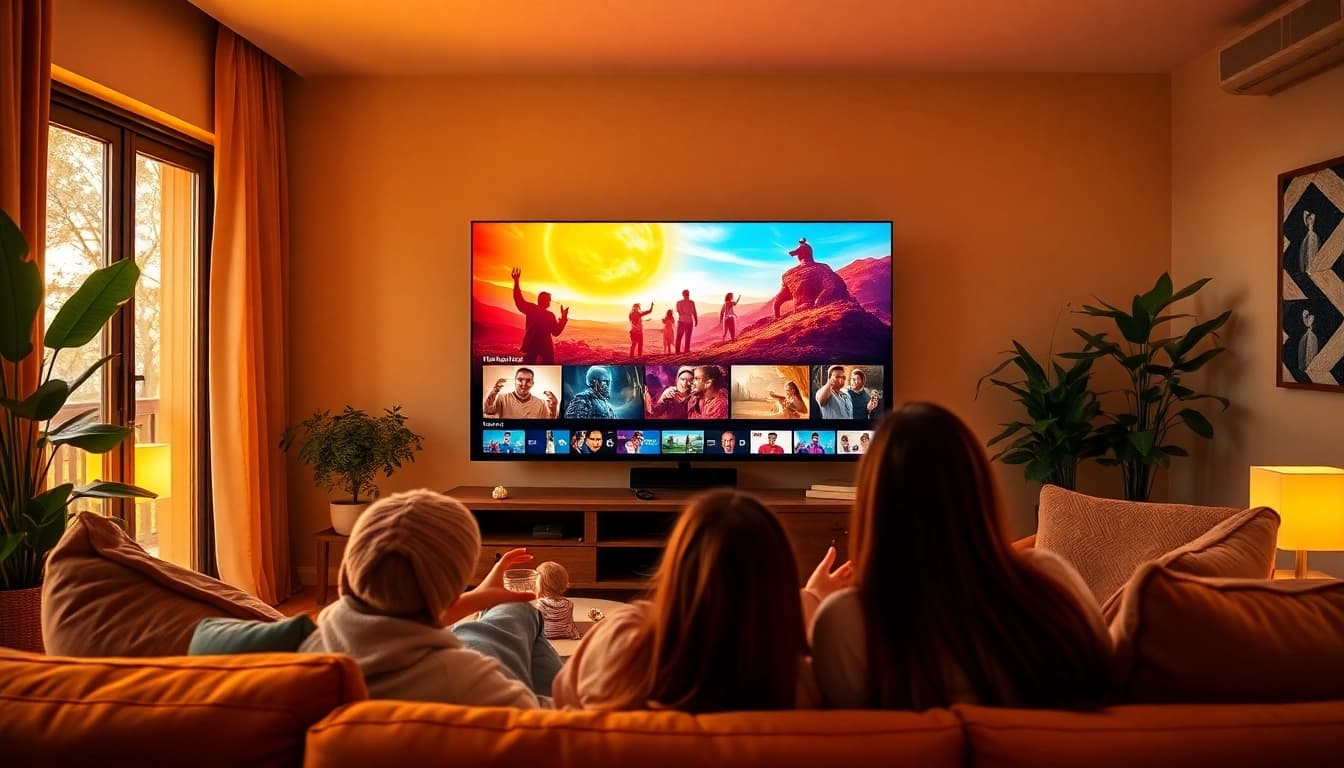 IPTV kaufen: Familien genießen modernes Fernsehen bequem im Wohnzimmer.