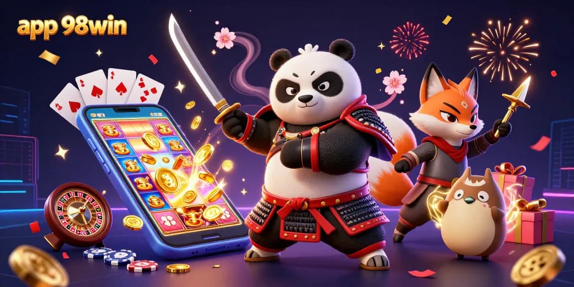Engage with the app 98win's thrilling casino experience featuring dynamic characters, festive elements, and captivating game graphics.