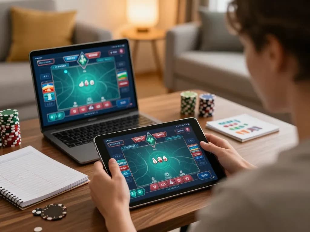 SC88 player engaged in online poker strategy in a cozy setting, showcasing dynamic gaming options and lifestyle integration.