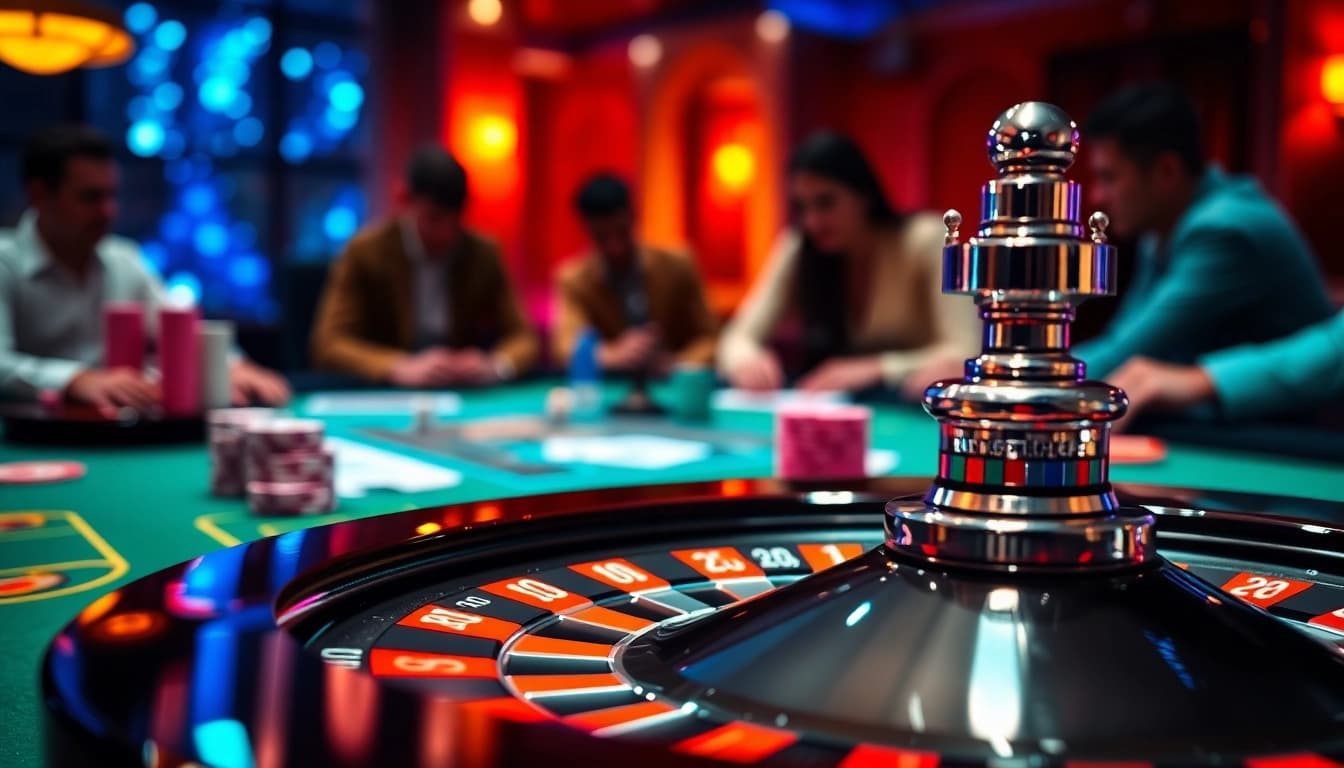 Wettbewerbsfähige Spieler am Tisch für casino spiele.de, während Chips und Karten zu sehen sind.