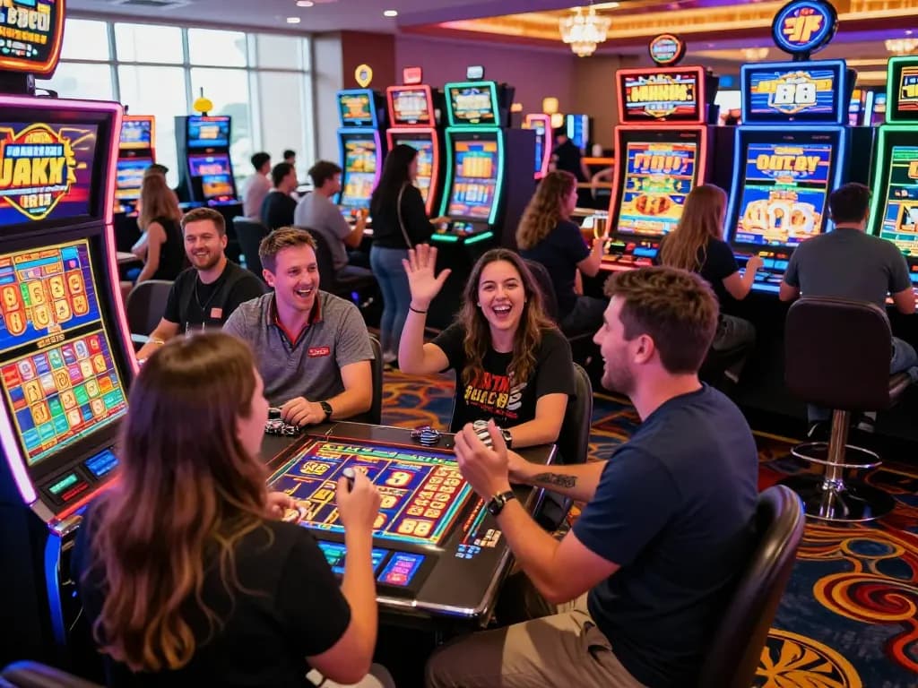 Players celebrating a jackpot win on Lucky 88 slot machines in a vibrant casino atmosphere.