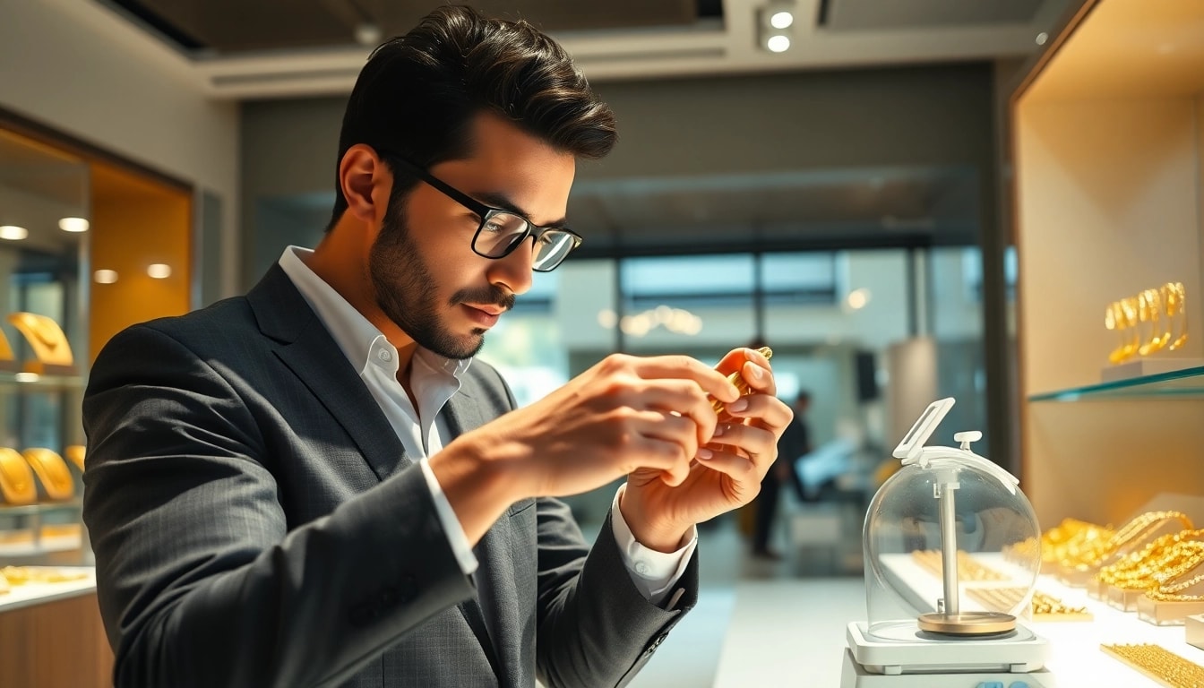 Gold verkaufen: Professional jeweler examining sparkling gold items in an inviting shop.