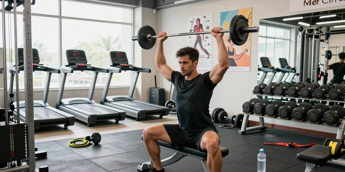 Akra Labs Steroid Shop - Athlet beim Krafttraining in modernem Fitnessstudio, umgeben von Geräten und motivierenden Fitnesspostern.