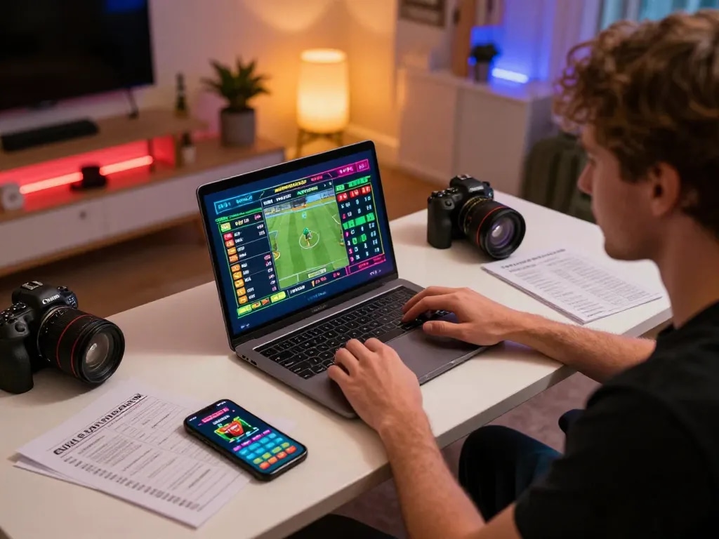 Player engaging with O8 FOREX sports betting on laptop in a cozy gaming setup
