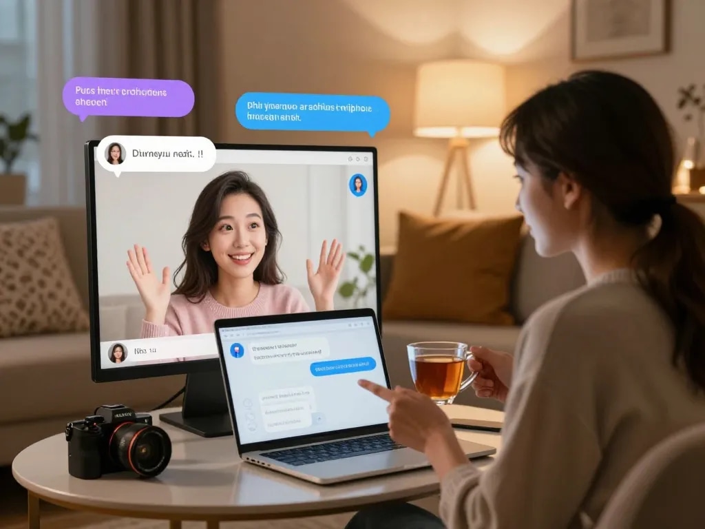 Engaging in porn chat AI conversation with friendly avatar in cozy virtual setting