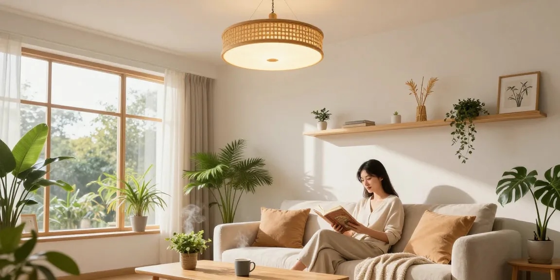Gemütliche Wohnumgebung mit einer Bambus-Deckenlampe, die eine Leseecke beleuchtet.