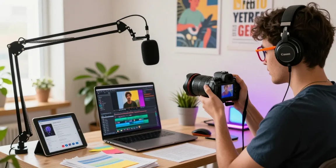 Junger Content Creator im Home Office, YouTube Views kaufen und hochwertigen Content erstellen.