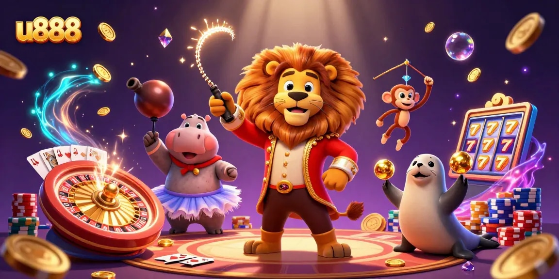 Experience the thrill at u888 with a vibrant 3D circus-themed casino illustration showcasing excitement and fun.