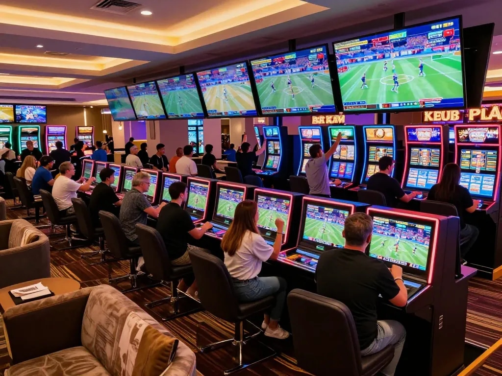 Experience thrill and excitement at fabet sports betting lounge with live games and eager patrons