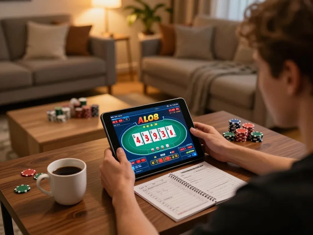 Engaged player enjoying ALO8 poker gameplay on a tablet at home, reflecting responsible gambling.
