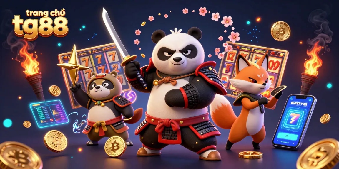 Capture the excitement of gaming at trang chủ tg88 with dynamic samurai panda and ninja fox in a vibrant casino scene.