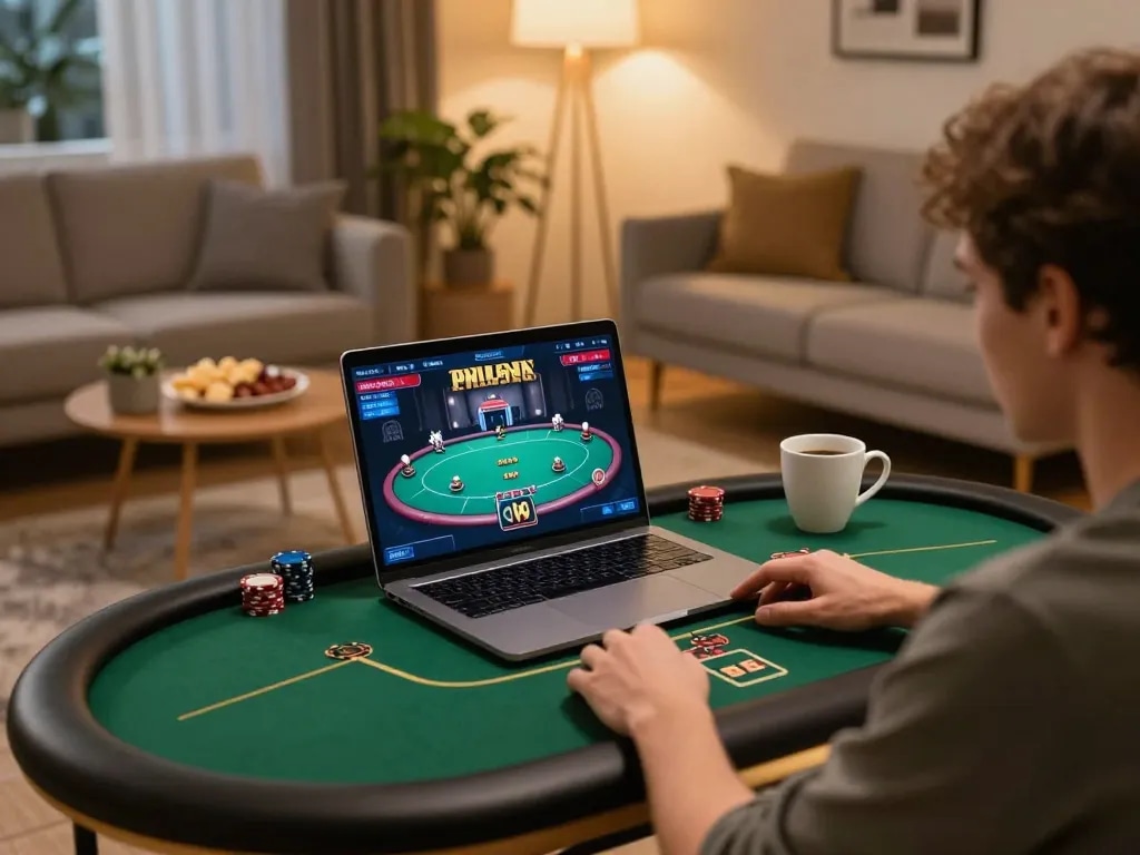 Player enjoying online gaming experience on dw8 platform, showcasing cozy home setup with laptop and snacks.