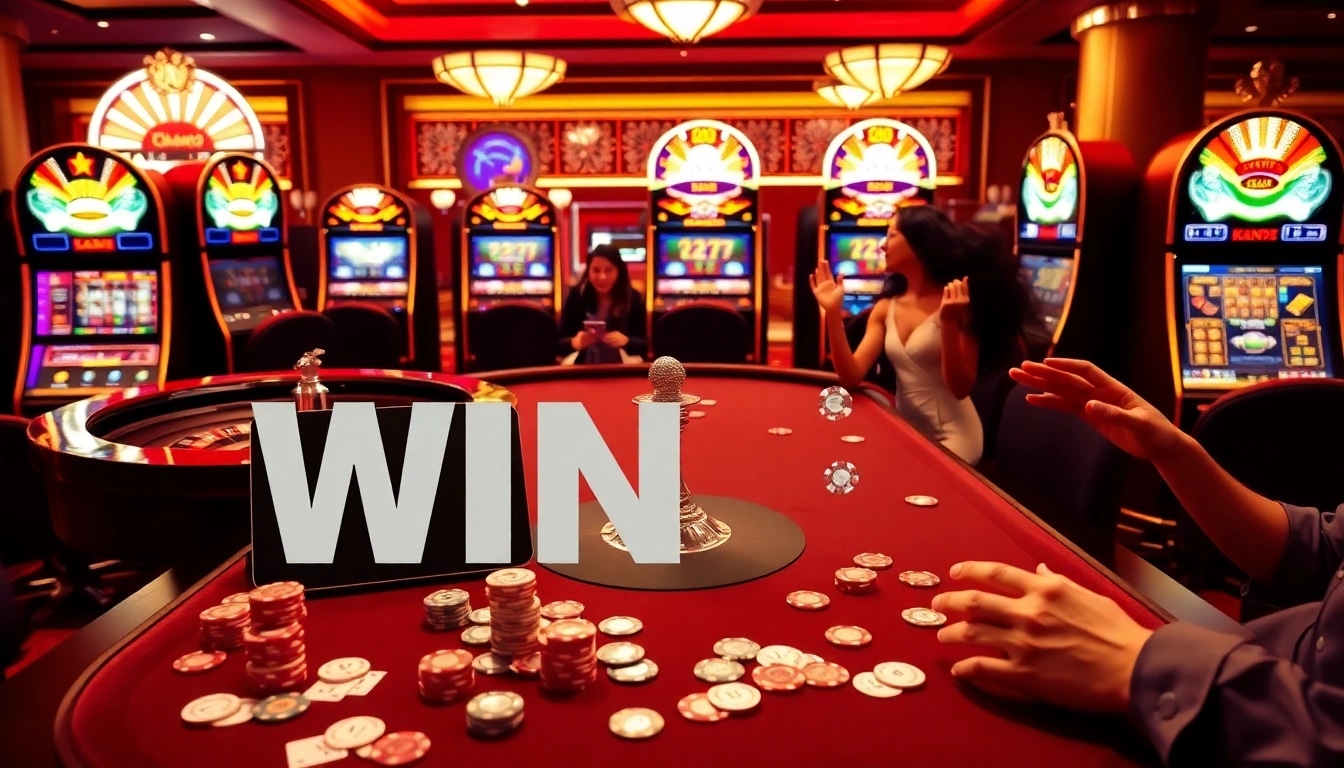 WIN88 players enjoying an exciting casino atmosphere with chips, cards, and roulette.