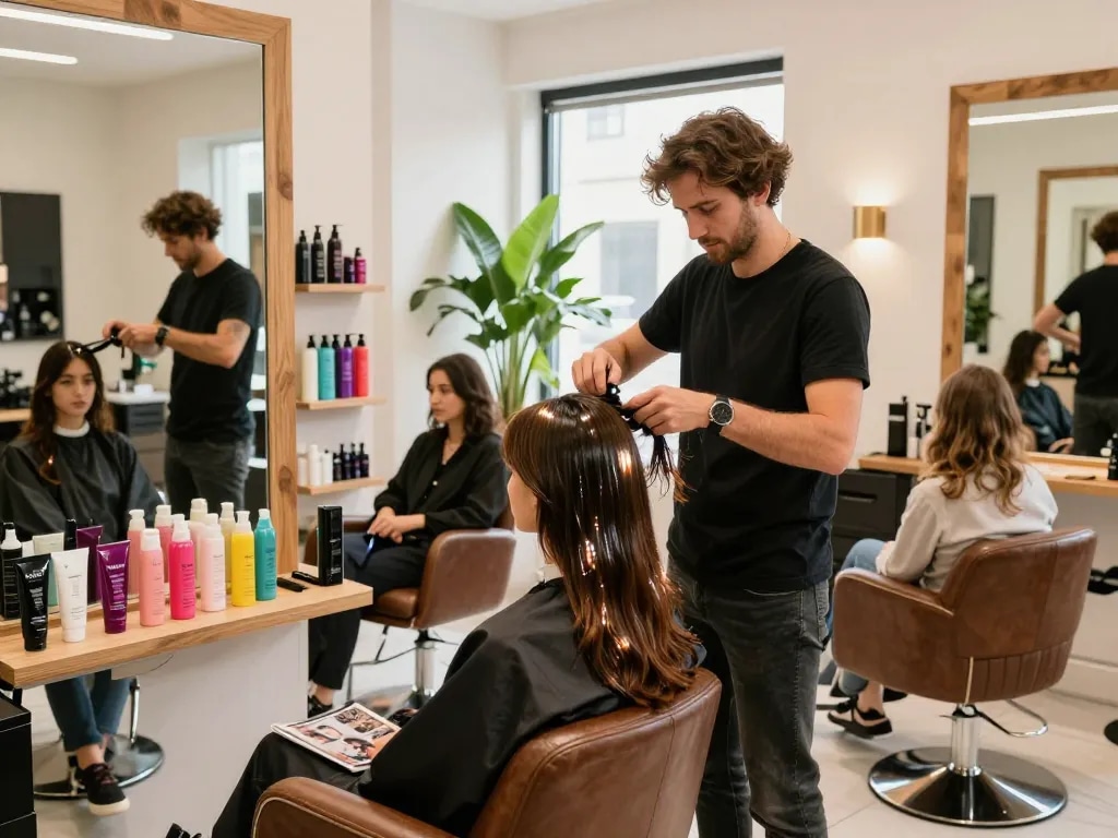 Friseur stylt Haare in einem hellen, modernen Salon mit bunten Produkten.
