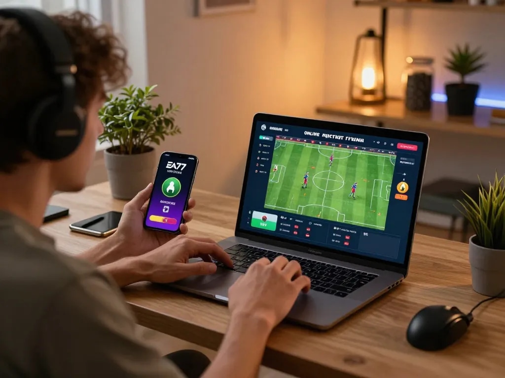Player interacting with EA77 betting app on laptop, showcasing dynamic sports betting interface