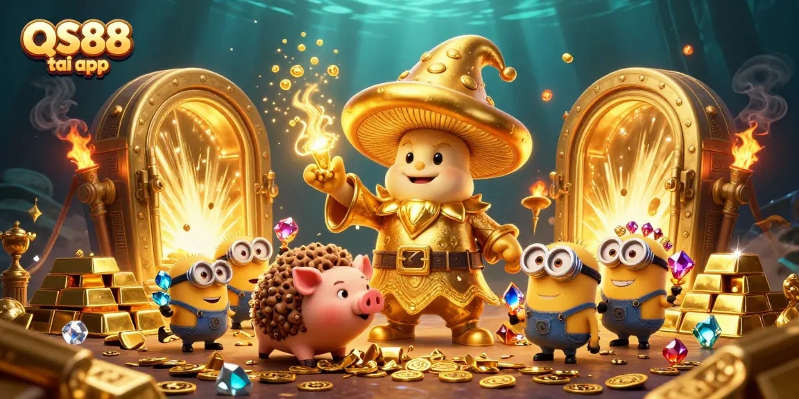 Experience the thrill of QS88 tai app with a magical 3D casino illustration showcasing treasure and excitement.
