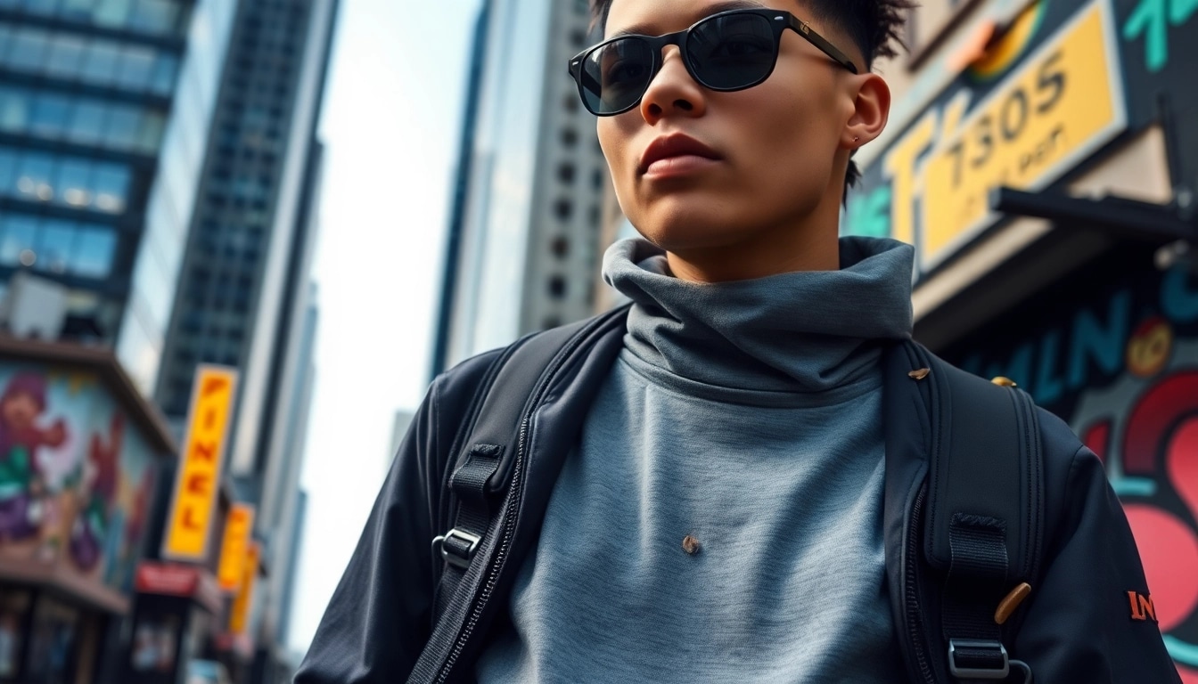 Moderne techwear Bekleidung in urbaner Umgebung präsentiert, Farbtöne und Stil betonen die Ästhetik.