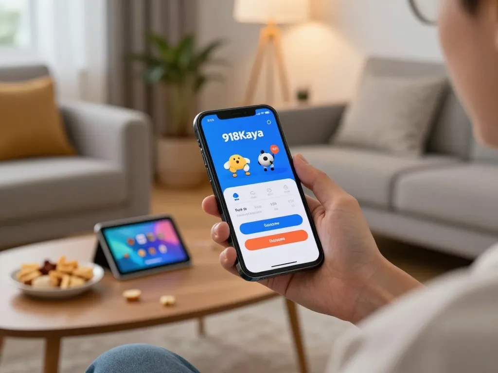 The app login option showcased on a smartphone in a cozy home setup, enhancing mobile gambling experience.