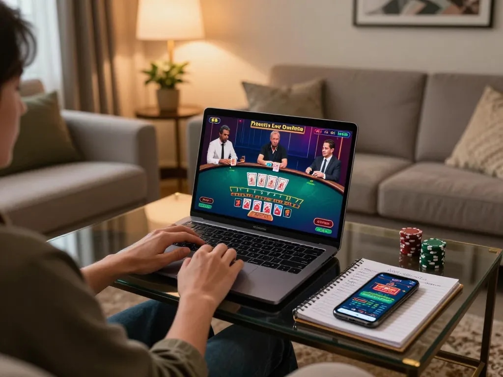 Player enjoying live dealer blackjack at home on dh88 platform, showcasing engaging gaming interface.