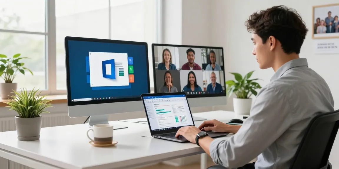Effiziente Nutzung des Office 2024 Komplettpakets mit Outlook kaufen in einem modernen Arbeitsplatz mit Laptop und Teammeetings.