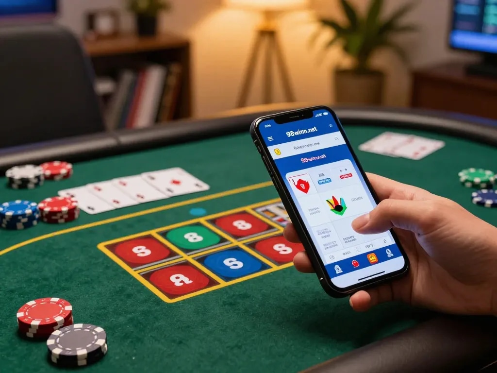 Engaging gaming setup showcasing the poker interface of https://98winn.net/ on a smartphone, emphasizing strategic play.