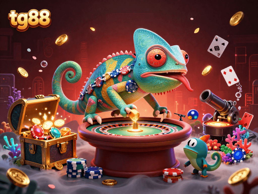 Experience thrilling games at tg88 casino with a vibrant, animated scene featuring a colorful chameleon and spectacular gambling elements.